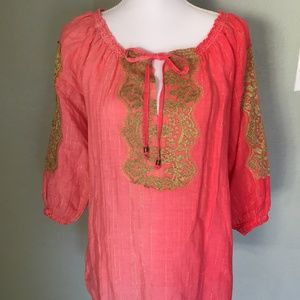 Gold and Coral Ombre Cold Shoulder Linen Top Shirt